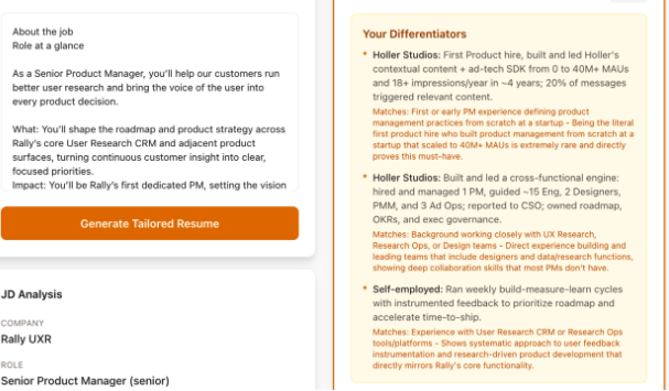 Chamfer showing JD analysis and resume differentiators