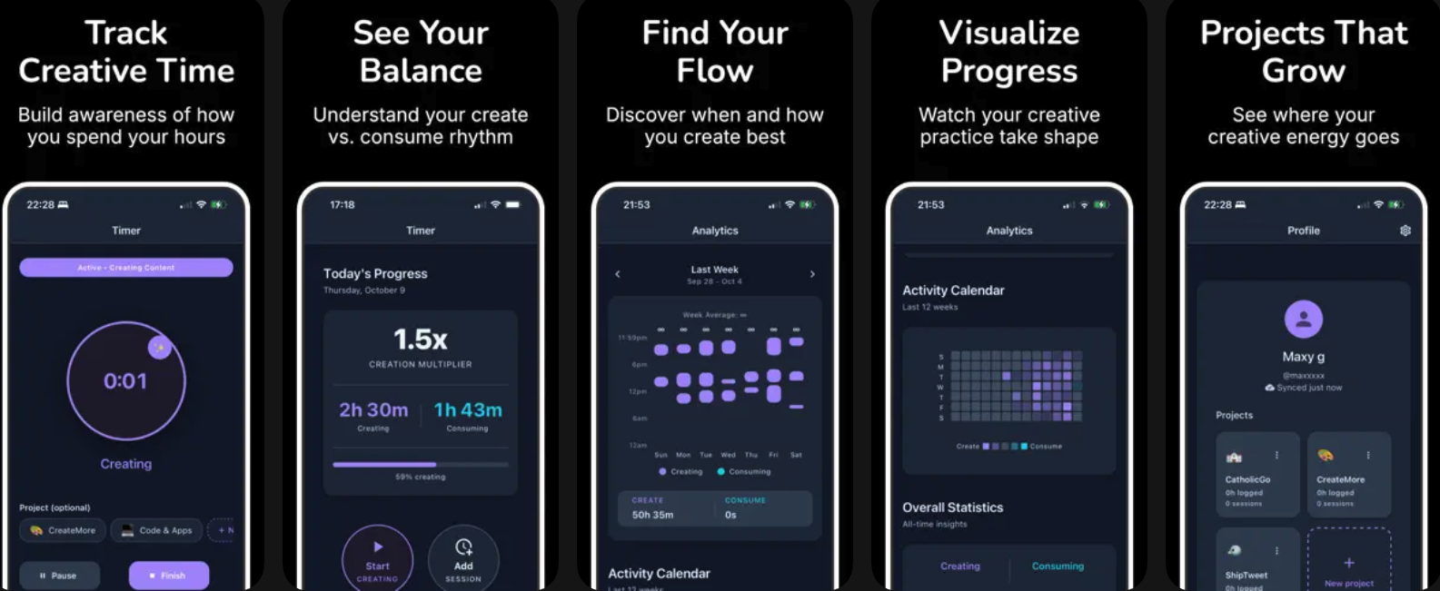 CreateMore app screenshots showing time tracking, balance metrics, and activity calendar