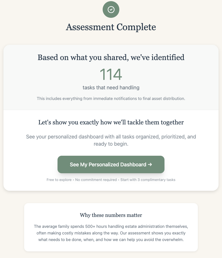 EstateMate assessment complete screen showing 114 personalized tasks identified