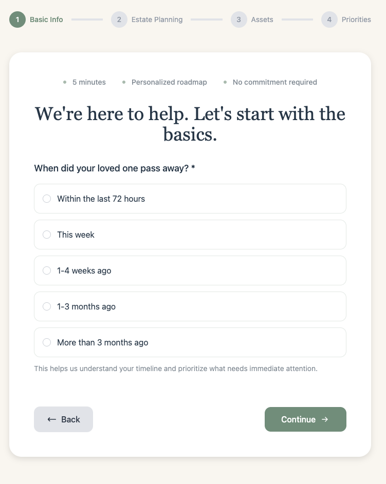Step 1: Basic Info - When did your loved one pass away?