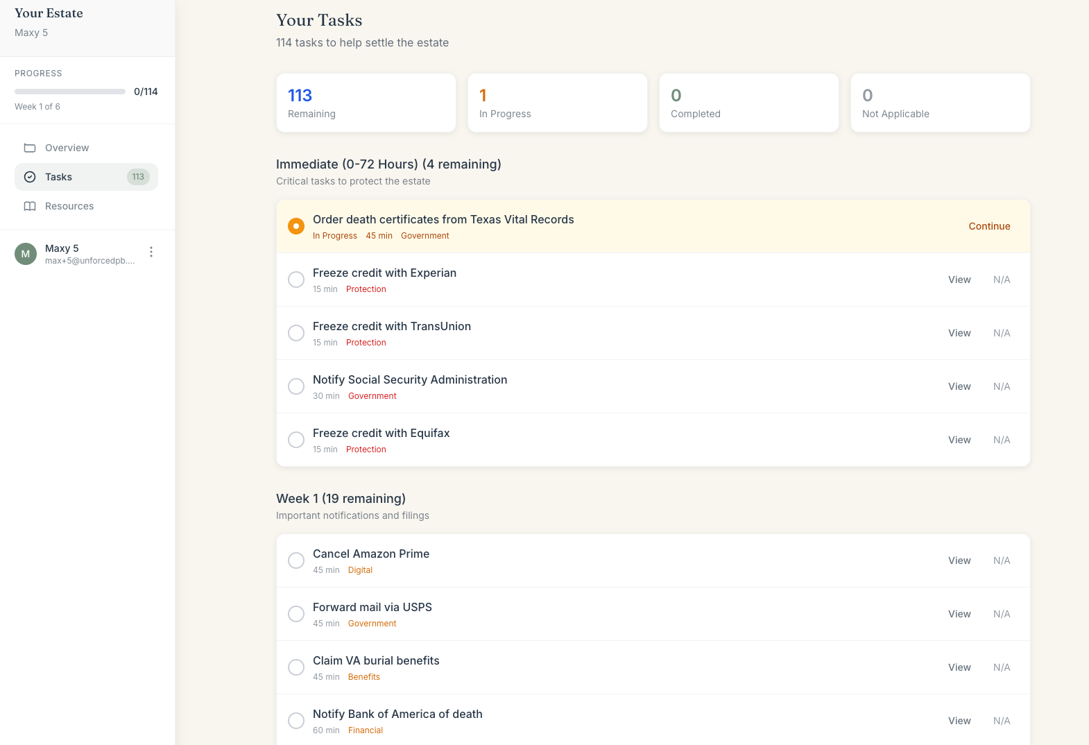 EstateMate task list organized by urgency with progress tracking