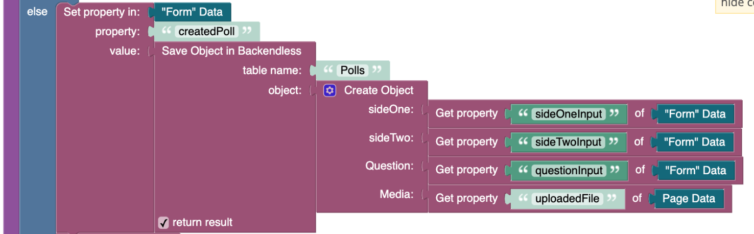 Backendless visual code showing IF/ELSE logic for poll submission