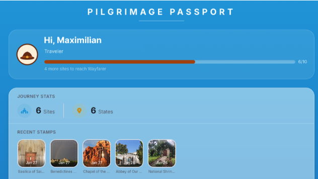 CatholicGo Pilgrimage Passport showing pilgrim progression and journey stats