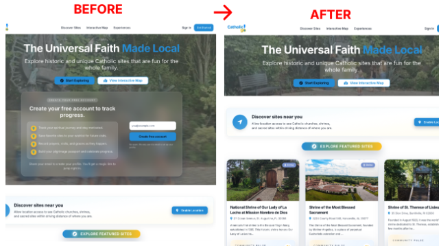 Before and after comparison of CatholicGo homepage hero section